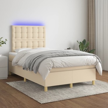 vidaXL Κρεβάτι Boxspring με Στρώμα & LED Κρεμ 120x200cm Υφασμάτινο 1 τεμ. - Μονό