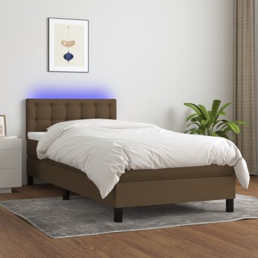 vidaXL Κρεβάτι Boxspring με Στρώμα & LED Σκ.Καφέ 100x200cm Υφασμάτινο 1 τεμ. - Μονό