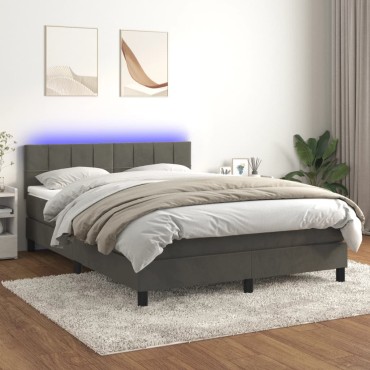 vidaXL Κρεβάτι Boxspring με Στρώμα & LED Σκ. Γκρι 140x200cm Βελούδινο 1 τεμ. - Διπλό