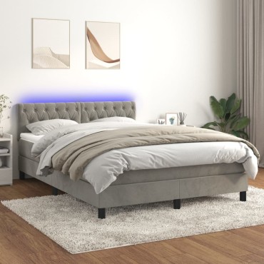 vidaXL Κρεβάτι Boxspring με Στρώμα & LED Αν.Γκρι 140x200cm Βελούδινο 1 τεμ. - Διπλό