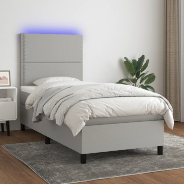 vidaXL Κρεβάτι Boxspring με Στρώμα & LED Αν.Γκρι 100x200εκ. Υφασμάτινο