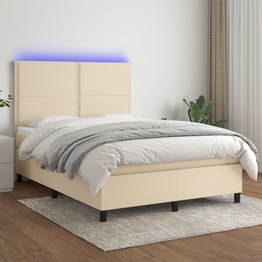 vidaXL Κρεβάτι Boxspring με Στρώμα & LED Κρεμ 140x190cm Υφασμάτινο 1 τεμ. - Μονό