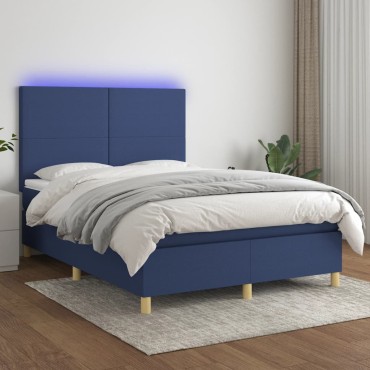 vidaXL Κρεβάτι Boxspring με Στρώμα & LED Μπλε 140x190cm Υφασμάτινο 1 τεμ. - Μονό