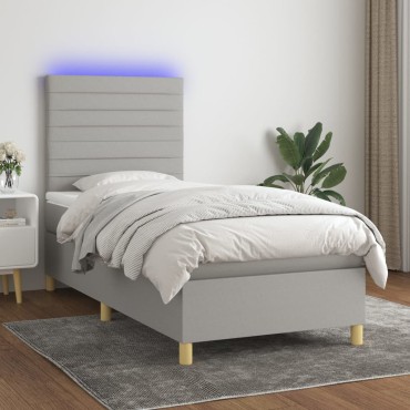 vidaXL Κρεβάτι Boxspring με Στρώμα & LED Αν.Γκρι 100x200εκ. Υφασμάτινο