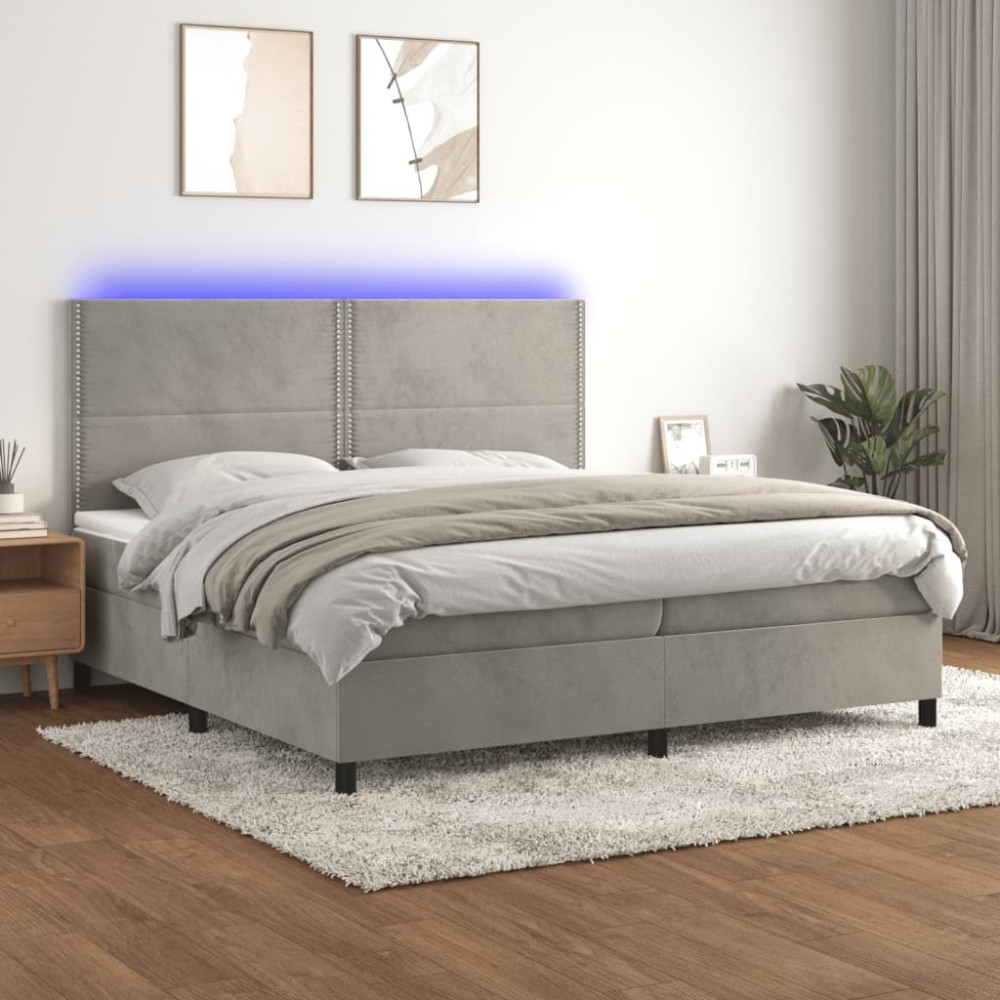vidaXL Κρεβάτι Boxspring με Στρώμα & LED Αν.Γκρι 200x200 εκ. Βελούδινο