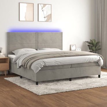 vidaXL Κρεβάτι Boxspring με Στρώμα & LED Αν.Γκρι 200x200 εκ. Βελούδινο