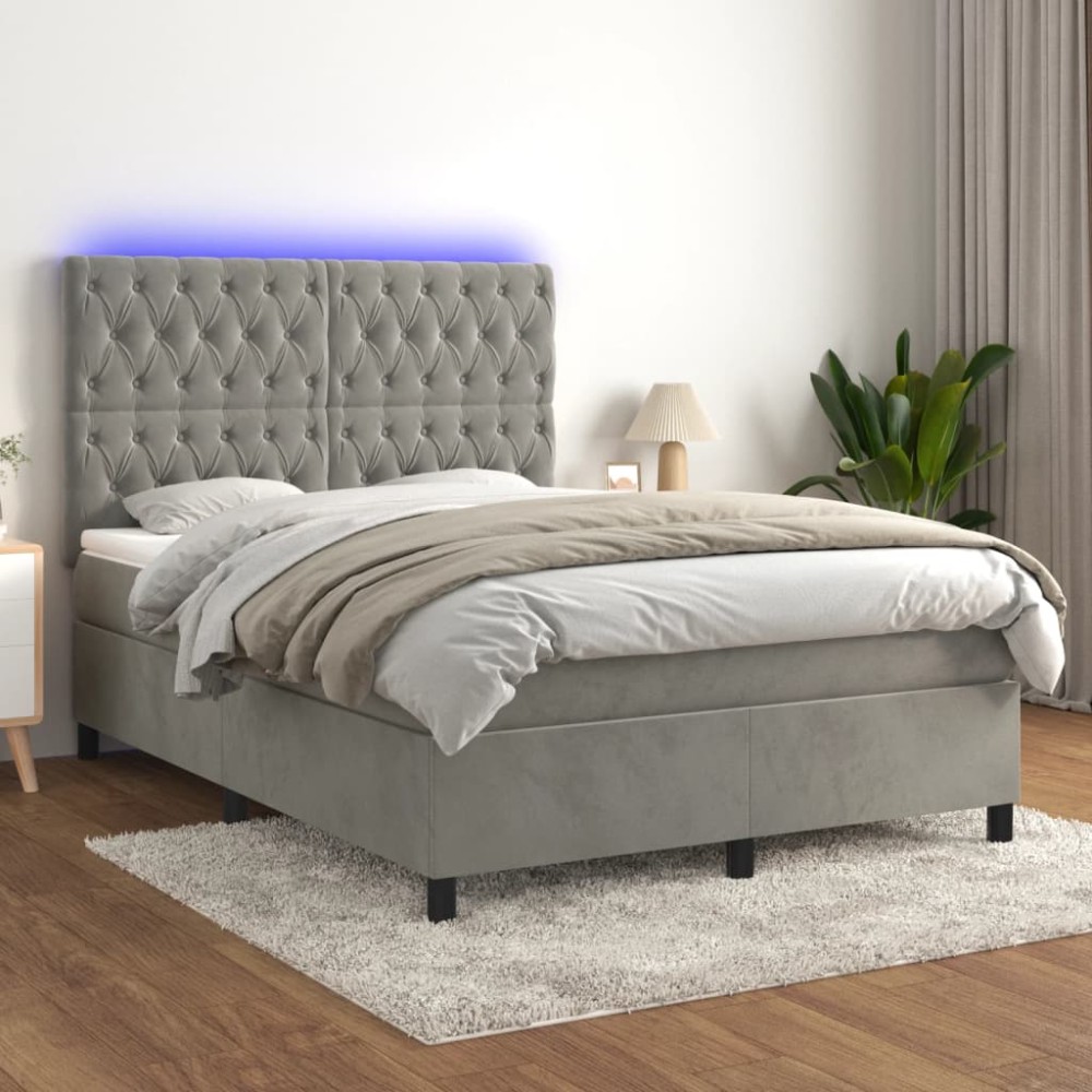 vidaXL Κρεβάτι Boxspring με Στρώμα & LED Αν.Γκρι 140x200cm Βελούδινο 1 τεμ. - Διπλό