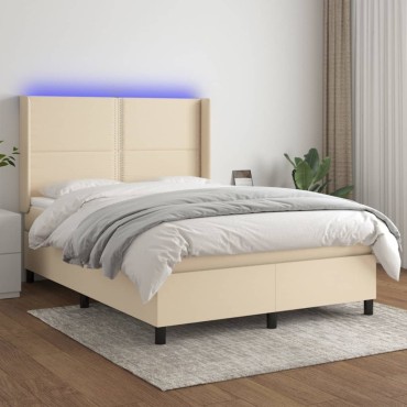 vidaXL Κρεβάτι Boxspring με Στρώμα & LED Κρεμ 140x190cm Υφασμάτινο 1 τεμ. - Μονό