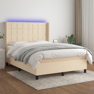 vidaXL Κρεβάτι Boxspring με Στρώμα & LED Κρεμ 140x190cm Υφασμάτινο 1 τεμ. - Μονό
