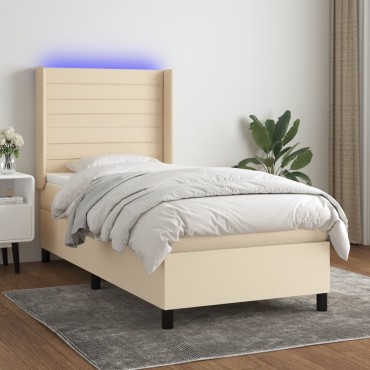 vidaXL Κρεβάτι Boxspring με Στρώμα & LED Κρεμ 80x200cm Υφασμάτινο 1 τεμ. - Μονό