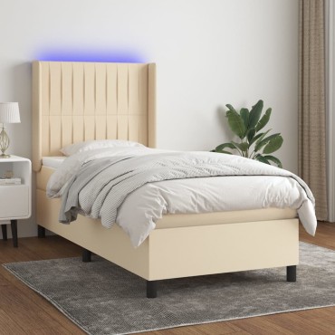 vidaXL Κρεβάτι Boxspring με Στρώμα & LED Κρεμ 80x200cm Υφασμάτινο 1 τεμ. - Μονό