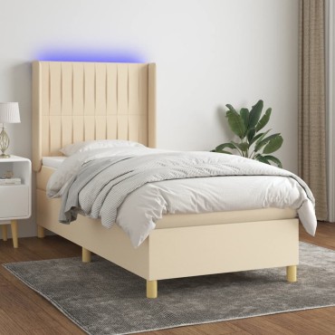 vidaXL Κρεβάτι Boxspring με Στρώμα & LED Κρεμ 80x200cm Υφασμάτινο 1 τεμ. - Μονό