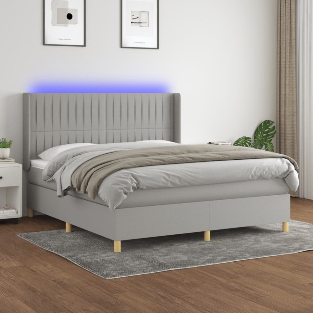 vidaXL Κρεβάτι Boxspring με Στρώμα & LED Αν.Γκρι 180x200εκ. Υφασμάτινο
