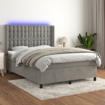 vidaXL Κρεβάτι Boxspring με Στρώμα & LED Αν.Γκρι 140x200 εκ. Βελούδινο