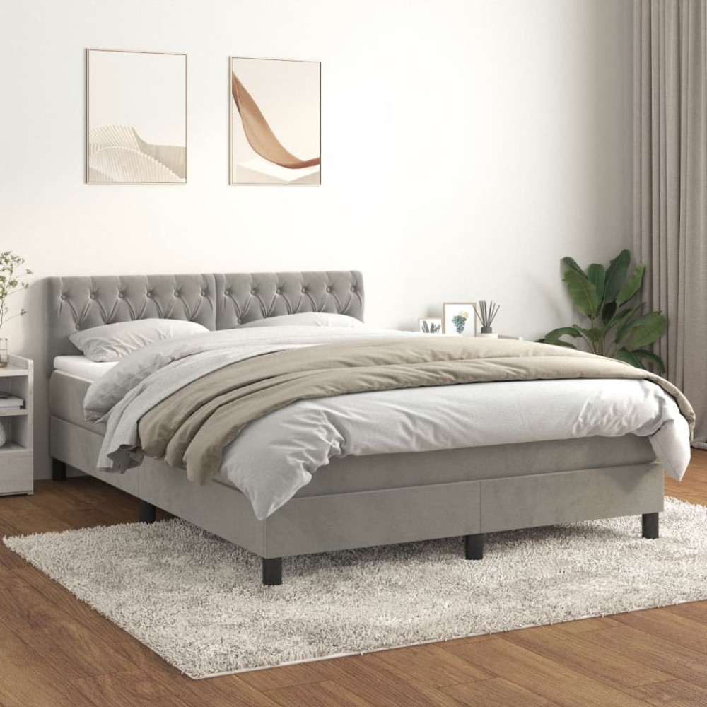 vidaXL Κρεβάτι Boxspring με Στρώμα Ανοιχτό Γκρι 140x200cm Βελούδινο 1 τεμ. - Διπλό