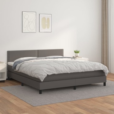 vidaXL Κρεβάτι Boxspring με Στρώμα Γκρι 180x200cm Συνθετικό Δέρμα 1 τεμ. - Διπλό