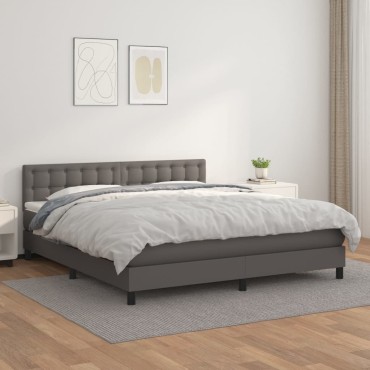 vidaXL Κρεβάτι Boxspring με Στρώμα Γκρι 180x200cm Συνθετικό Δέρμα 1 τεμ. - Διπλό