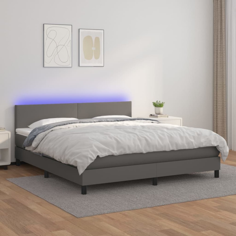 vidaXL Κρεβάτι Boxspring με Στρώμα & LED Γκρι 180x200cm Συνθ. Δέρμα 1 τεμ. - Διπλό