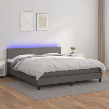 vidaXL Κρεβάτι Boxspring με Στρώμα & LED Γκρι 180x200cm Συνθ. Δέρμα 1 τεμ. - Διπλό