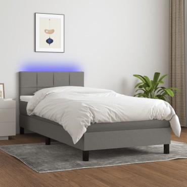 vidaXL Κρεβάτι Boxspring με Στρώμα & LED Σκ.Γκρι 100x200cm Υφασμάτινο 1 τεμ. - Μονό