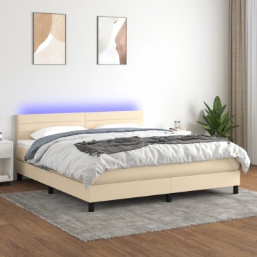 vidaXL Κρεβάτι Boxspring με Στρώμα & LED Κρεμ 160x200cm Υφασμάτινο 1 τεμ. - Διπλό