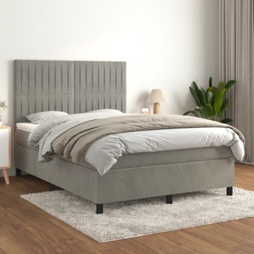 vidaXL Κρεβάτι Boxspring με Στρώμα Ανοιχτό Γκρι 140x190cm Βελούδινο 1 τεμ. - Μονό