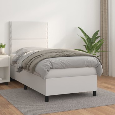 vidaXL Κρεβάτι Boxspring με Στρώμα Λευκό 90x190cm από Συνθετικό Δέρμα 1 τεμ. - Μονό