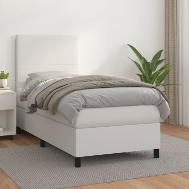 vidaXL Κρεβάτι Boxspring με Στρώμα Λευκό 90x190cm από Συνθετικό Δέρμα 1 τεμ. - Μονό