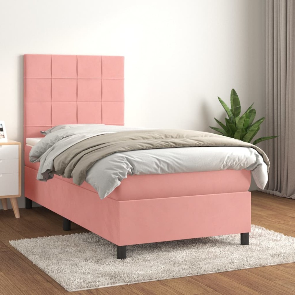 vidaXL Κρεβάτι Boxspring με Στρώμα Ροζ 100x200cm Βελούδινο 1 τεμ. - Μονό