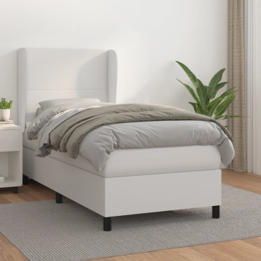 vidaXL Κρεβάτι Boxspring με Στρώμα Λευκό 90x190cm από Συνθετικό Δέρμα 1 τεμ. - Μονό