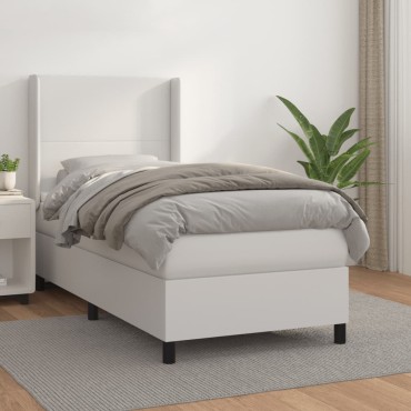 vidaXL Κρεβάτι Boxspring με Στρώμα Λευκό 90x190cm από Συνθετικό Δέρμα 1 τεμ. - Μονό
