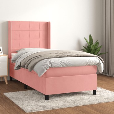 vidaXL Κρεβάτι Boxspring με Στρώμα Ροζ 100x200cm Βελούδινο 1 τεμ. - Μονό