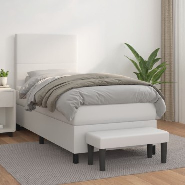vidaXL Κρεβάτι Boxspring με Στρώμα Λευκό 90x190cm από Συνθετικό Δέρμα 1 τεμ. - Μονό
