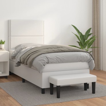 vidaXL Κρεβάτι Boxspring με Στρώμα Λευκό 90x190cm από Συνθετικό Δέρμα 1 τεμ. - Μονό