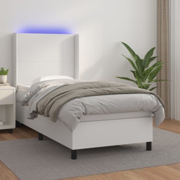 vidaXL Κρεβάτι Boxspring με Στρώμα & LED Λευκό 90x190cm Συνθ. Δέρμα 1 τεμ. - Μονό