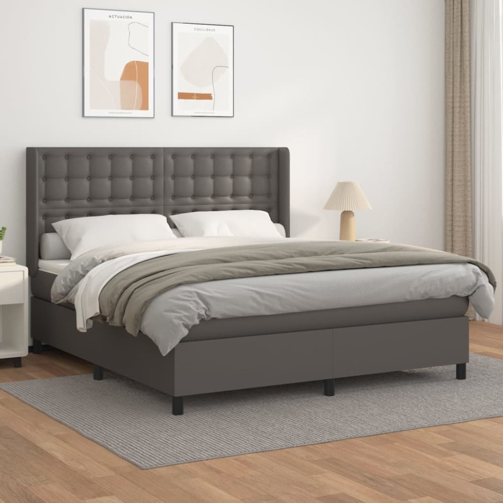 vidaXL Κρεβάτι Boxspring με Στρώμα Γκρι 180x200cm Συνθετικό Δέρμα 1 τεμ. - Διπλό