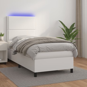 vidaXL Κρεβάτι Boxspring με Στρώμα & LED Λευκό 90x190cm Συνθ. Δέρμα 1 τεμ. - Μονό
