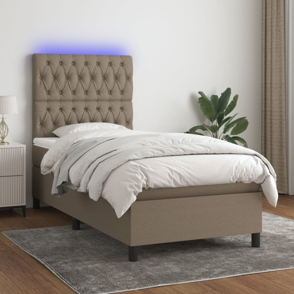 vidaXL Κρεβάτι Boxspring με Στρώμα & LED Taupe 90x200 εκ. Υφασμάτινο