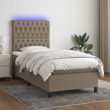 vidaXL Κρεβάτι Boxspring με Στρώμα & LED Taupe 90x200 εκ. Υφασμάτινο