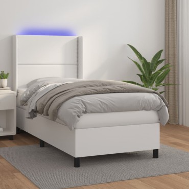 vidaXL Κρεβάτι Boxspring με Στρώμα & LED Λευκό 90x190cm Συνθ. Δέρμα 1 τεμ. - Μονό