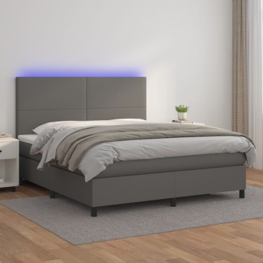 vidaXL Κρεβάτι Boxspring με Στρώμα & LED Γκρι 180x200cm Συνθ. Δέρμα 1 τεμ. - Διπλό