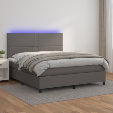 vidaXL Κρεβάτι Boxspring με Στρώμα & LED Γκρι 180x200cm Συνθ. Δέρμα 1 τεμ. - Διπλό