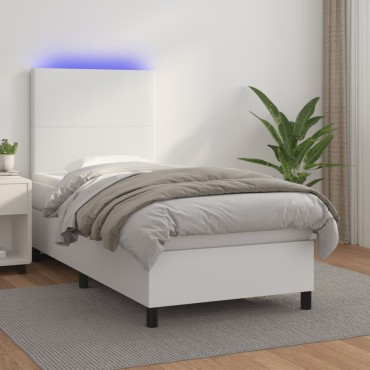 vidaXL Κρεβάτι Boxspring με Στρώμα & LED Λευκό 90x190cm Συνθ. Δέρμα 1 τεμ. - Μονό
