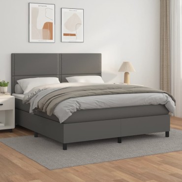vidaXL Κρεβάτι Boxspring με Στρώμα Γκρι 180x200cm Συνθετικό Δέρμα 1 τεμ. - Διπλό