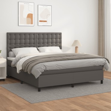 vidaXL Κρεβάτι Boxspring με Στρώμα Γκρι 180x200cm Συνθετικό Δέρμα 1 τεμ. - Διπλό