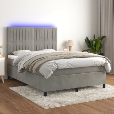 vidaXL Κρεβάτι Boxspring με Στρώμα&LED Αν. Γκρι 140x190 εκ. Βελούδινο