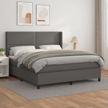 vidaXL Κρεβάτι Boxspring με Στρώμα Γκρι 180x200cm Συνθετικό Δέρμα 1 τεμ. - Διπλό