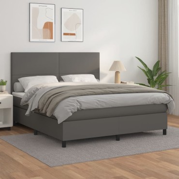 vidaXL Κρεβάτι Boxspring με Στρώμα Γκρι 180x200cm Συνθετικό Δέρμα 1 τεμ. - Διπλό