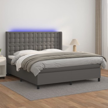 vidaXL Κρεβάτι Boxspring με Στρώμα & LED Γκρι 180x200cm Συνθ. Δέρμα 1 τεμ. - Διπλό