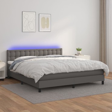 vidaXL Κρεβάτι Boxspring με Στρώμα & LED Γκρι 180x200cm Συνθ. Δέρμα 1 τεμ. - Διπλό